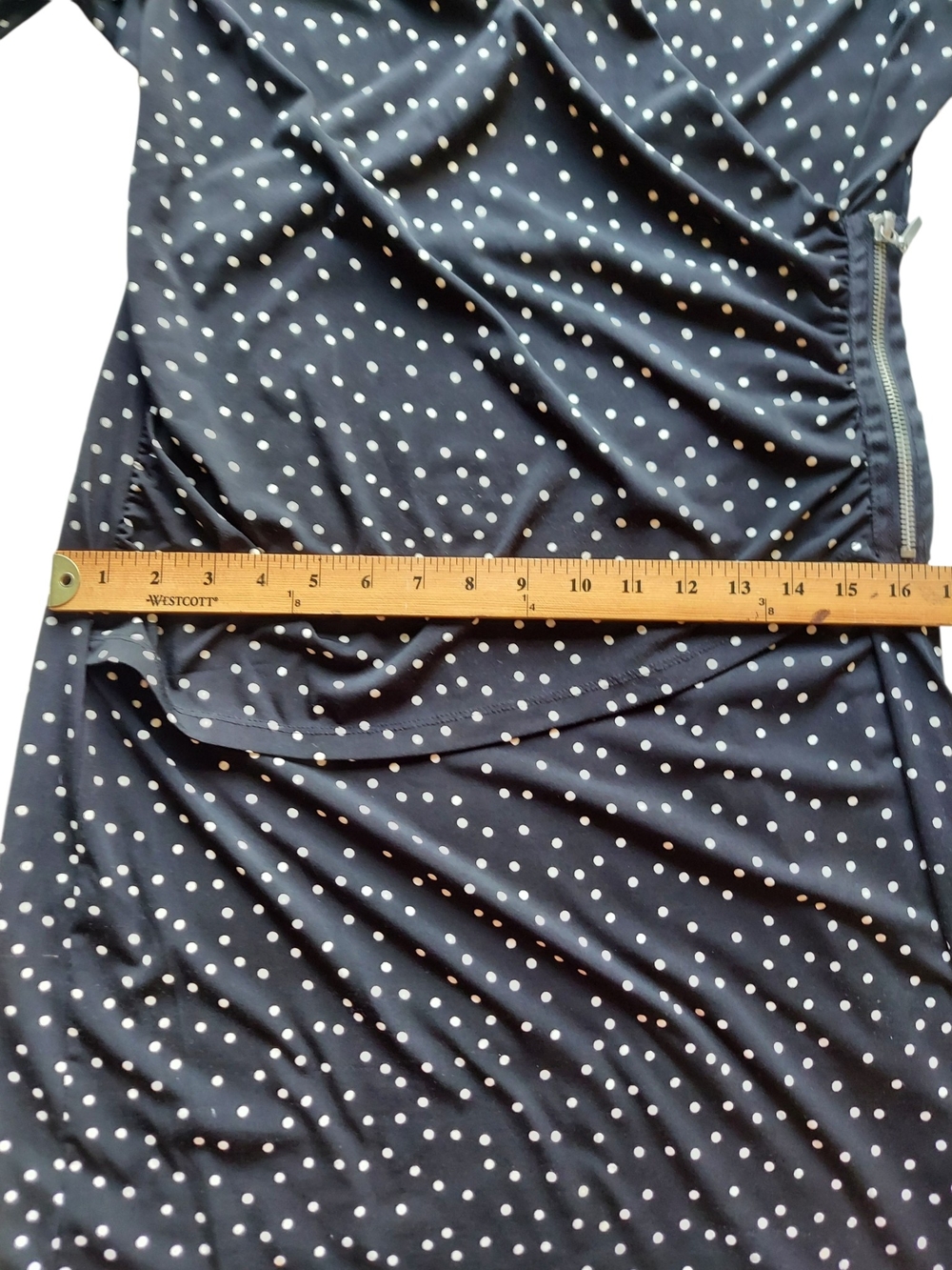 Ellen Tracy Black White Polka Dot Faux Wrap Dress M Side Zip Ruched Stretch - Picture 8 of 15